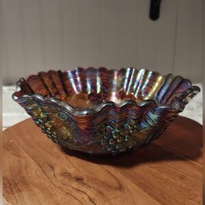 Vintage Imperial Glass Amethyst Smoke Carnival 10" Grape Vine Ruffled Bowl